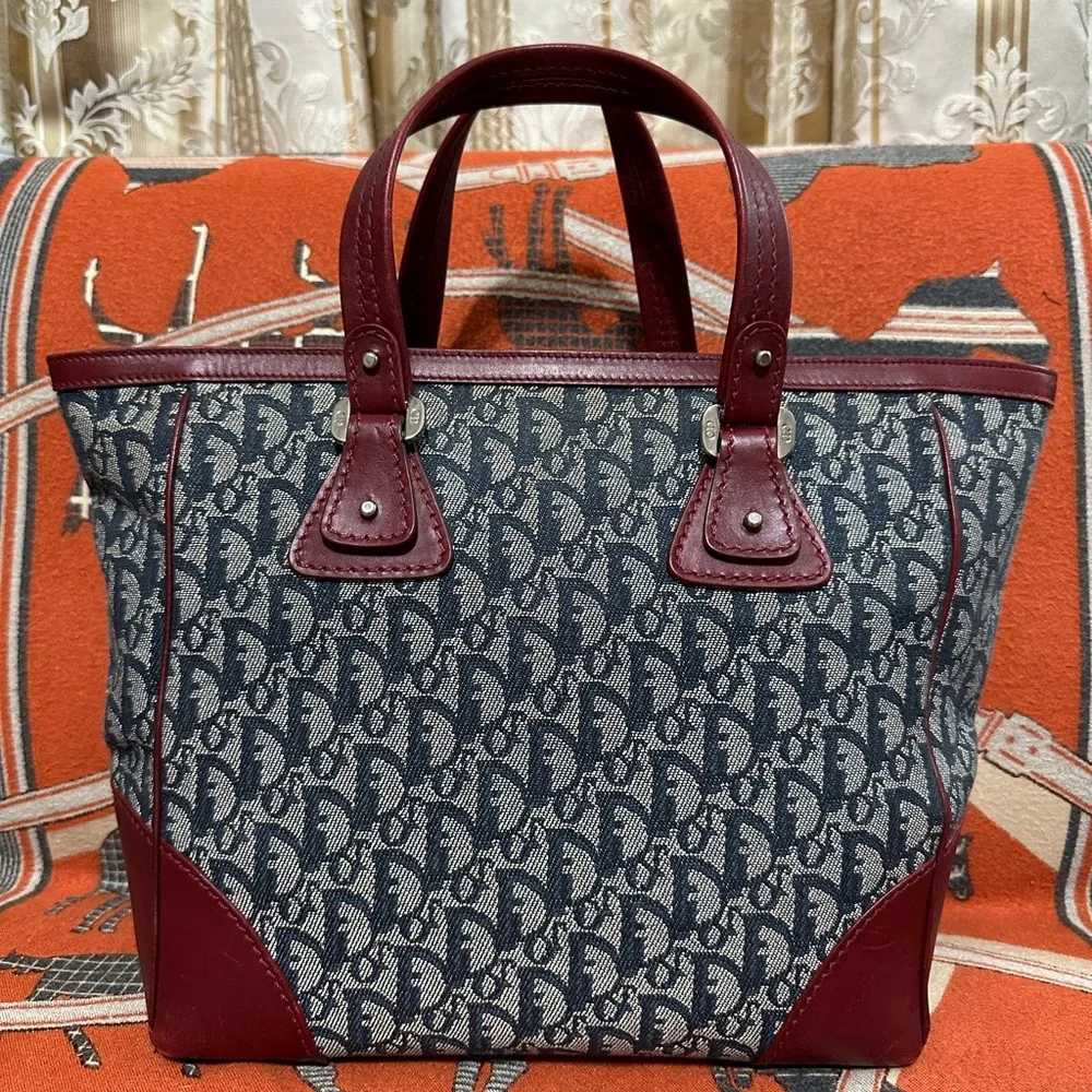 CHRISTIAN DIOR ❤️🌟BLUE & BURGUNDY TROTTER TOTE BAG ⭐️ - Picture 2 of 12